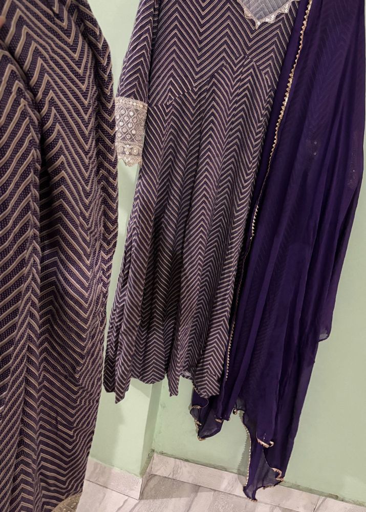 Elegant Purple Chevron Kurta Set with Dupatta