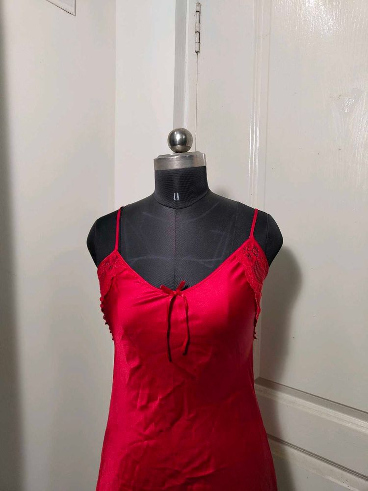 Silky Red Nightgown with Lace Trim