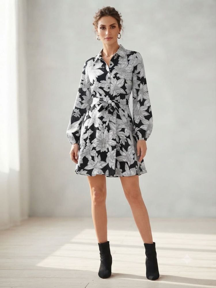 Chic Floral Print Shirt Dress