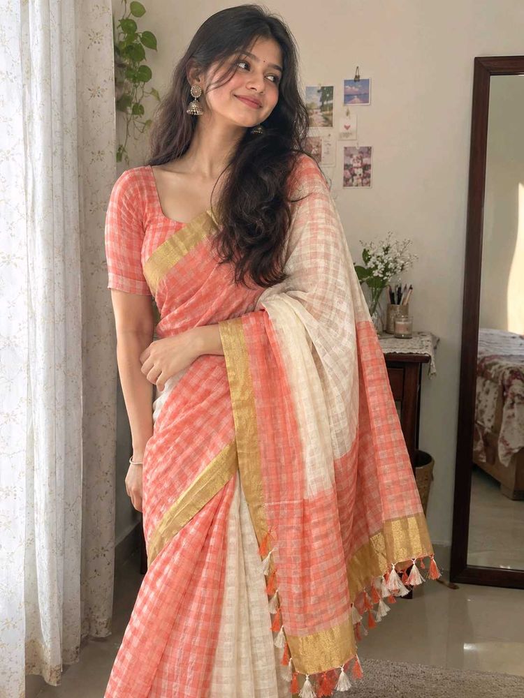 Peach &amp; Cream Checked Saree with Golden Border | E