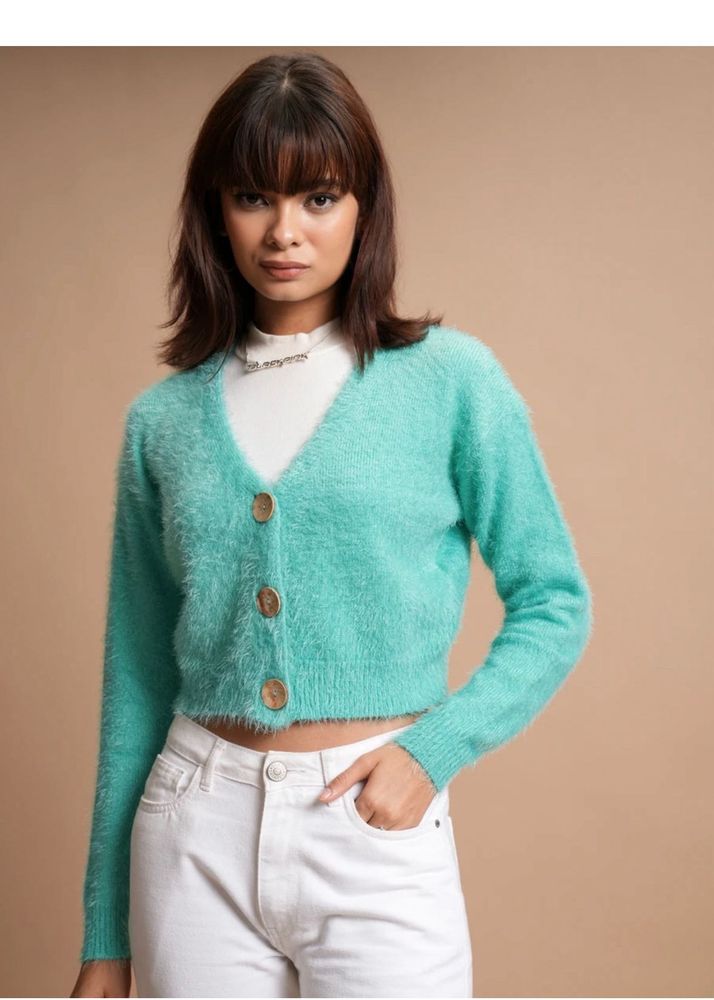 Cozy Teal Fuzzy Cropped Cardigan