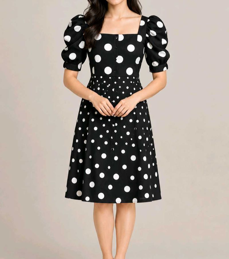Black &amp; White Polka Dot Puff Sleeve Dress