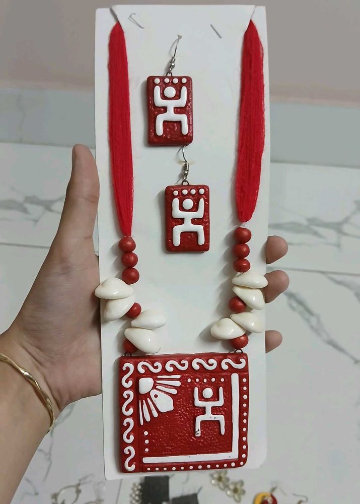 Red Ethnic Necklace and Earrings Set
