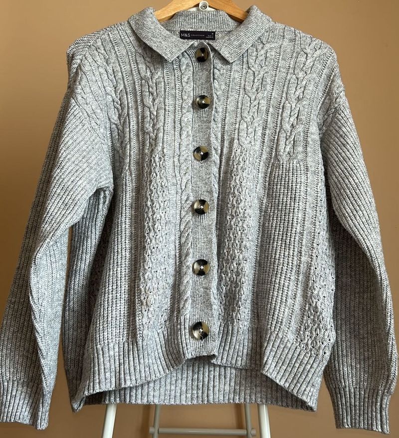 Grey Cable Knit Button-Up Cardigan