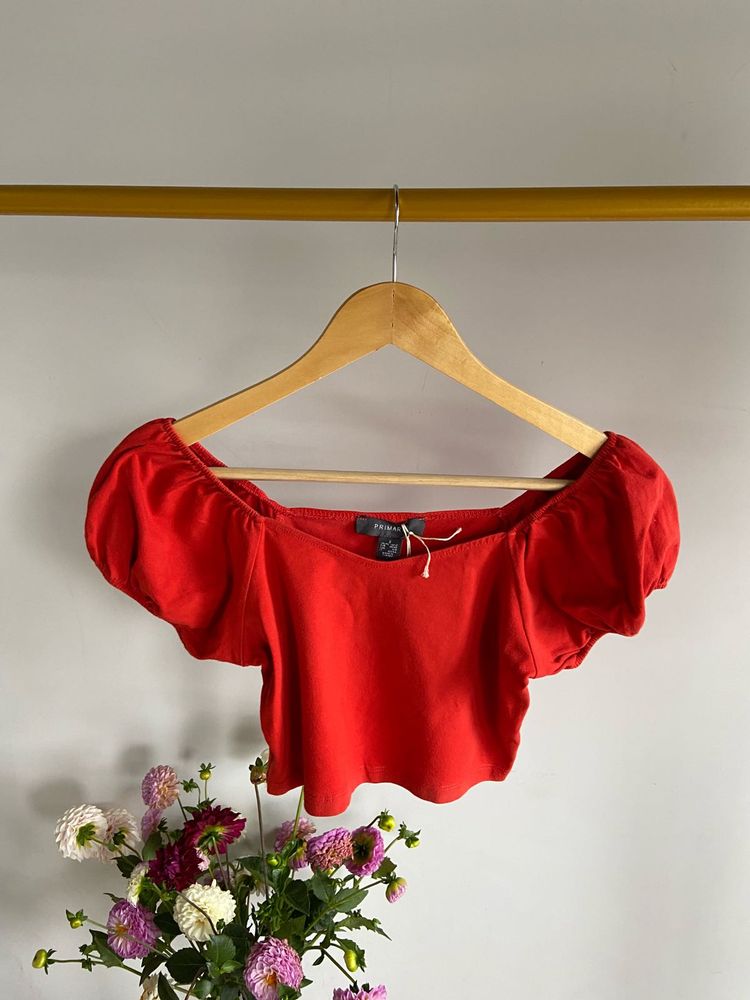 PRIMARK Red Puff Sleeve Crop Top