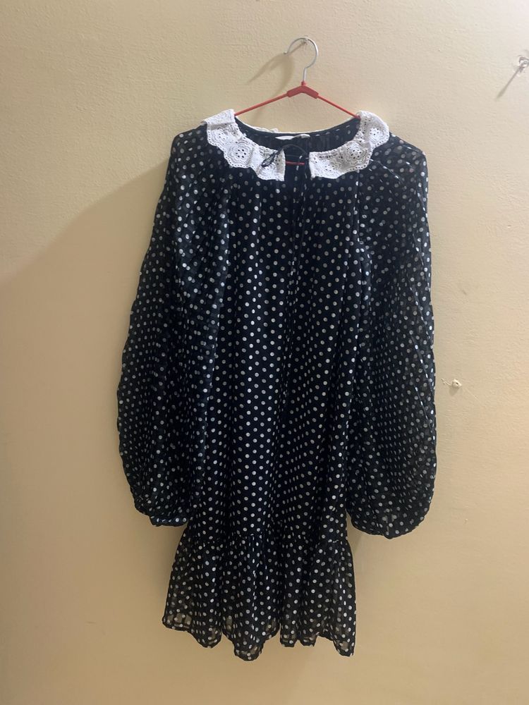 Black Polka Dots Dress Pleated Sleeves