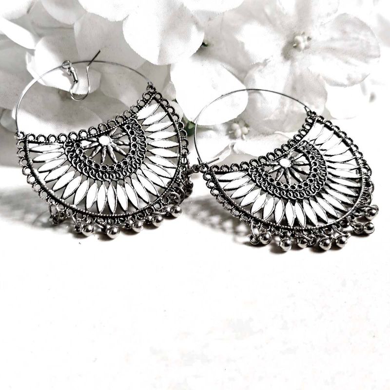 2 White And Pink Silver Bohemian Hoop Earrings
