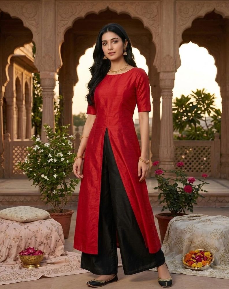 Bright red long kurti by the brand Indya in S size