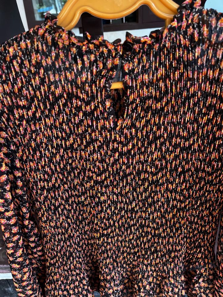 Pleated Blouse - Orange &amp; Black Pattern