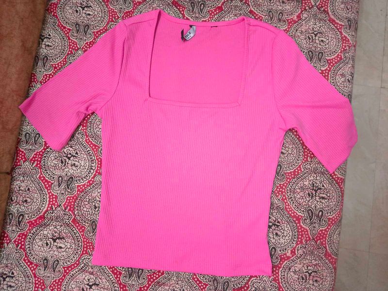 SHEIN Vibrant Pink Ribbed Square Neck Top