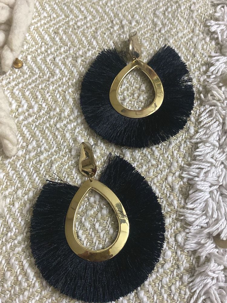 Boho Black Fringe Gold Earrings