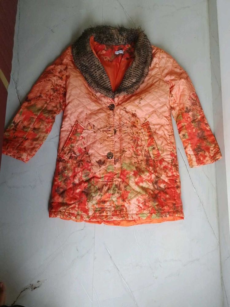 Orange Floral Quilted Jacket with Fur Collar