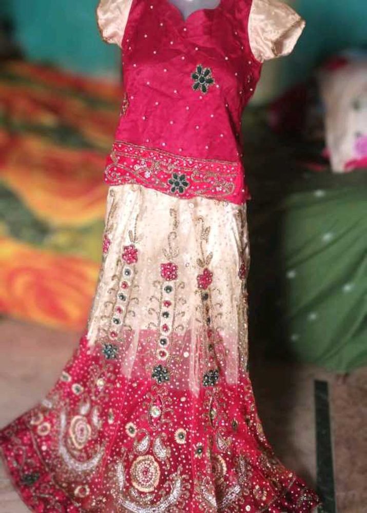 Red &amp; White Embroidered Lehenga