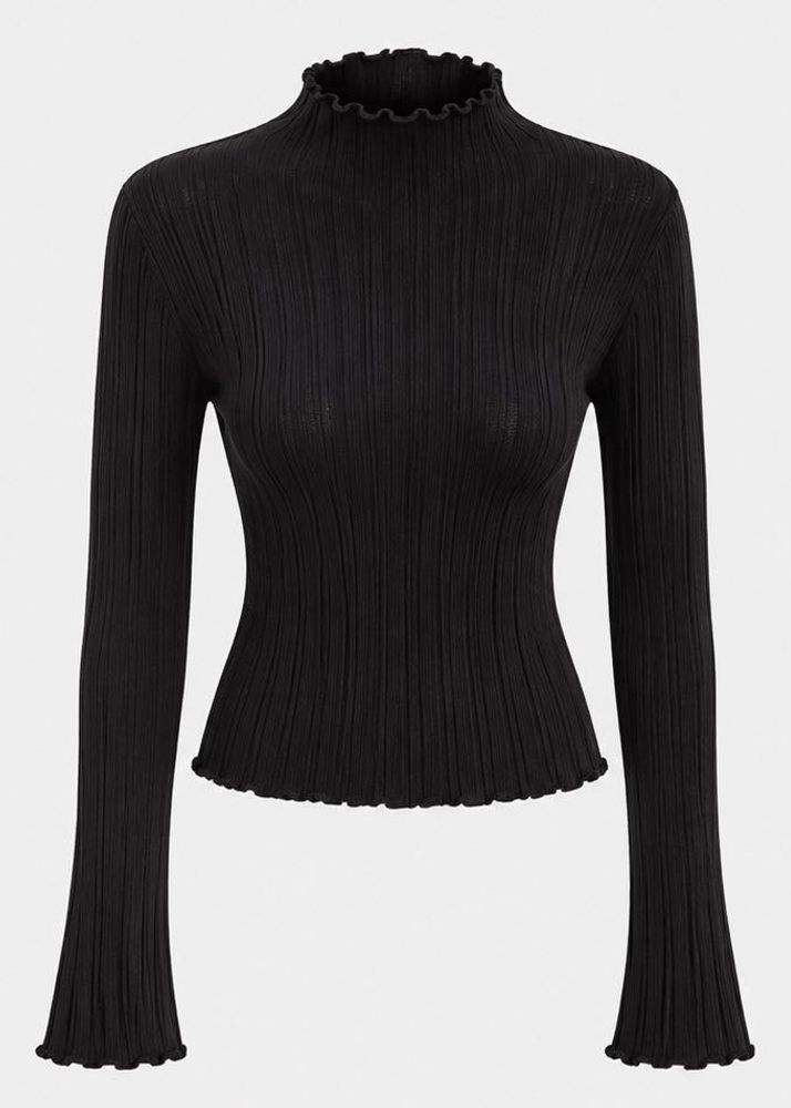 Ribbed Mock Neck Top with Ruffle Trim