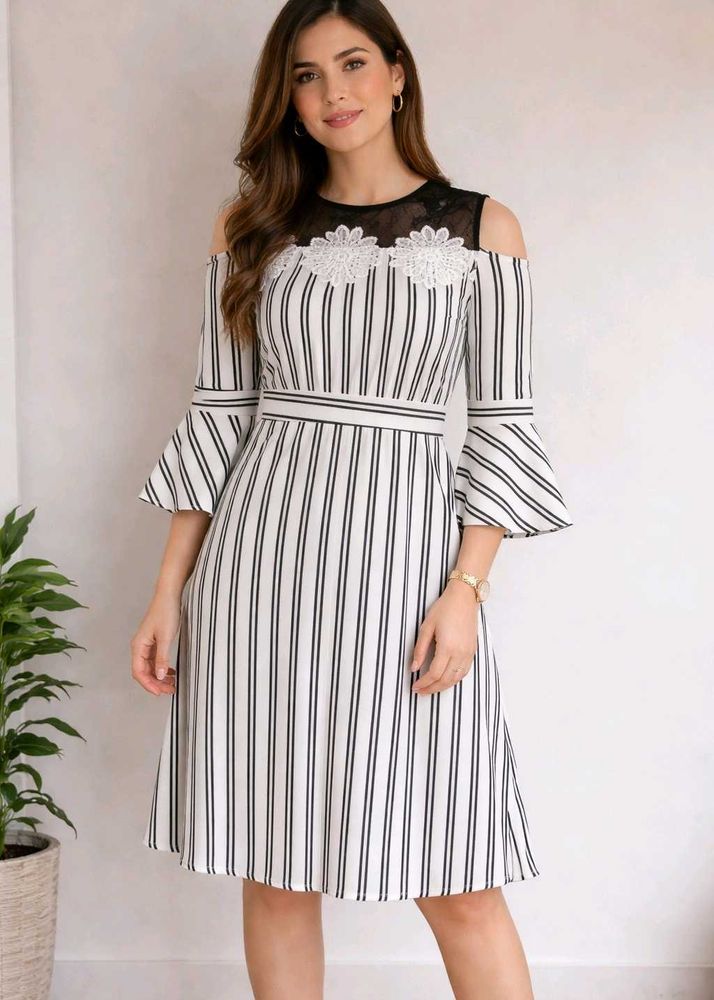 Chic Striped Cold Shoulder Dress with Flower Detai