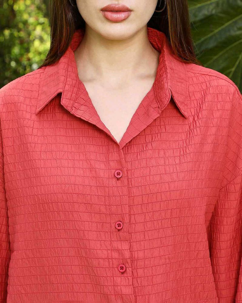 Textured Coral-red oversized shirt women