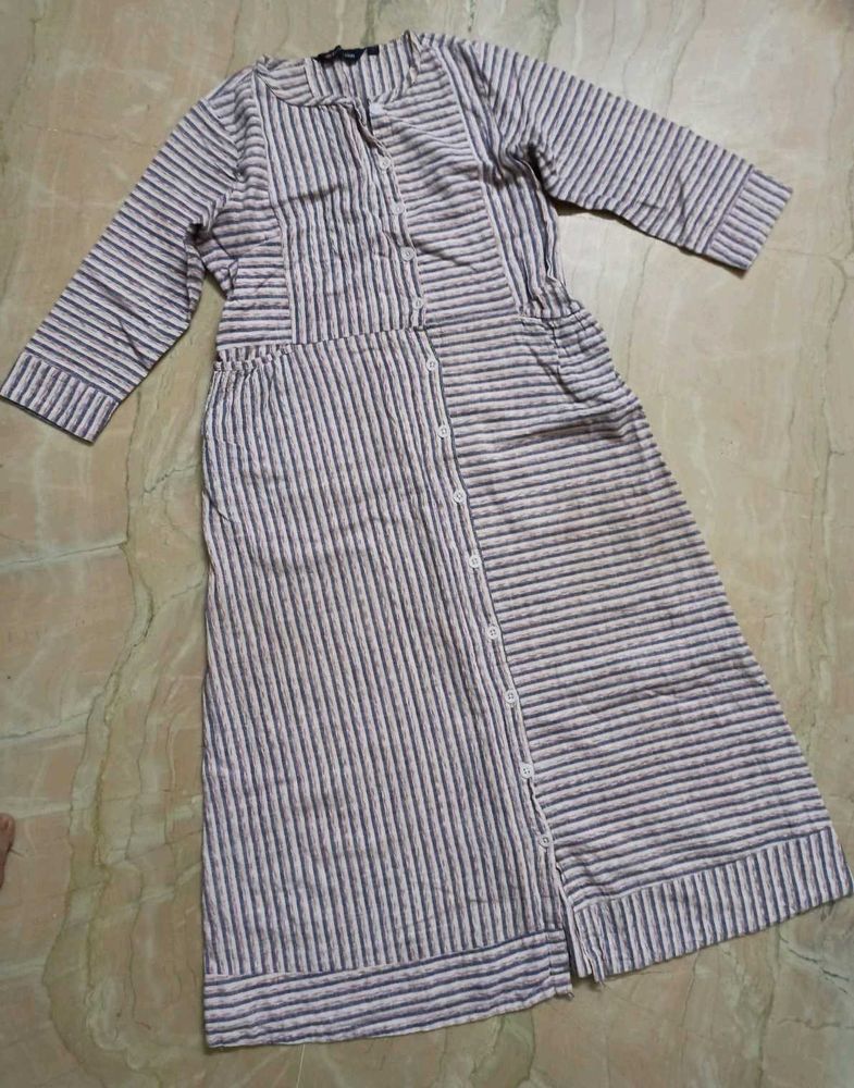 White &amp; Grey Striped Cotton Dress For Women