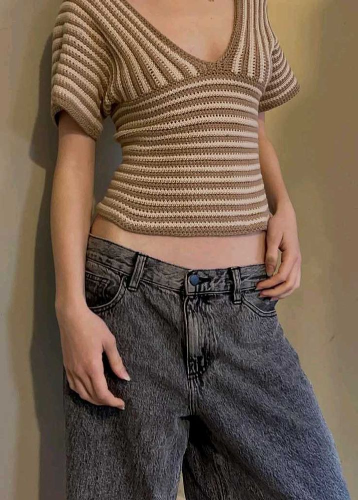 Striped Crochet V-Neck Crop Top