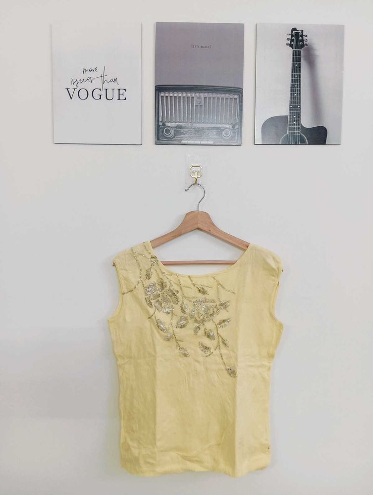 Elegant Yellow Embroidered Sleeveless Blouse