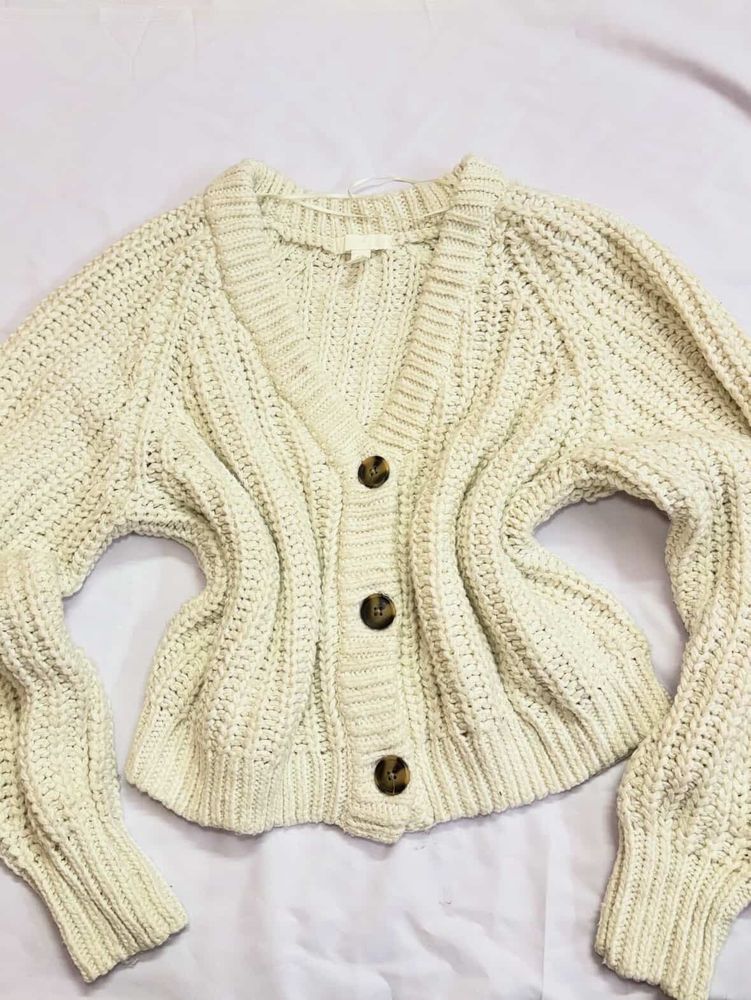 white  Knit Button-Up Cardigan
