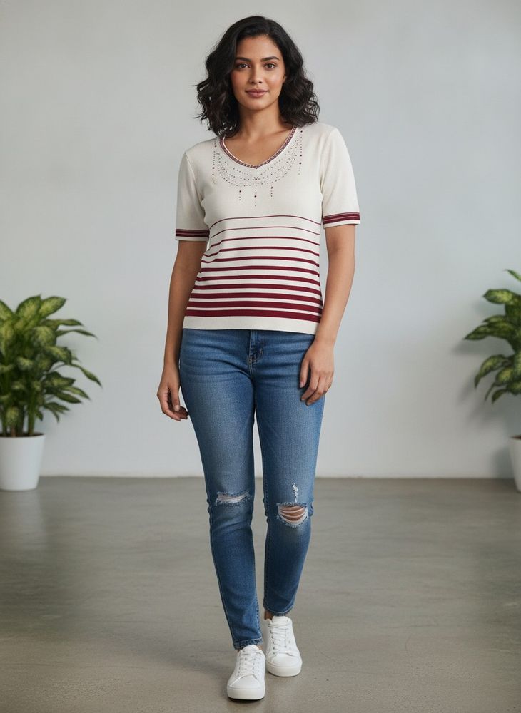 Striped Embellished Knit Top