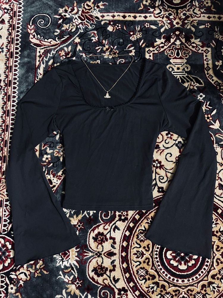 Black Lace Trimmed Bell Sleeve Top