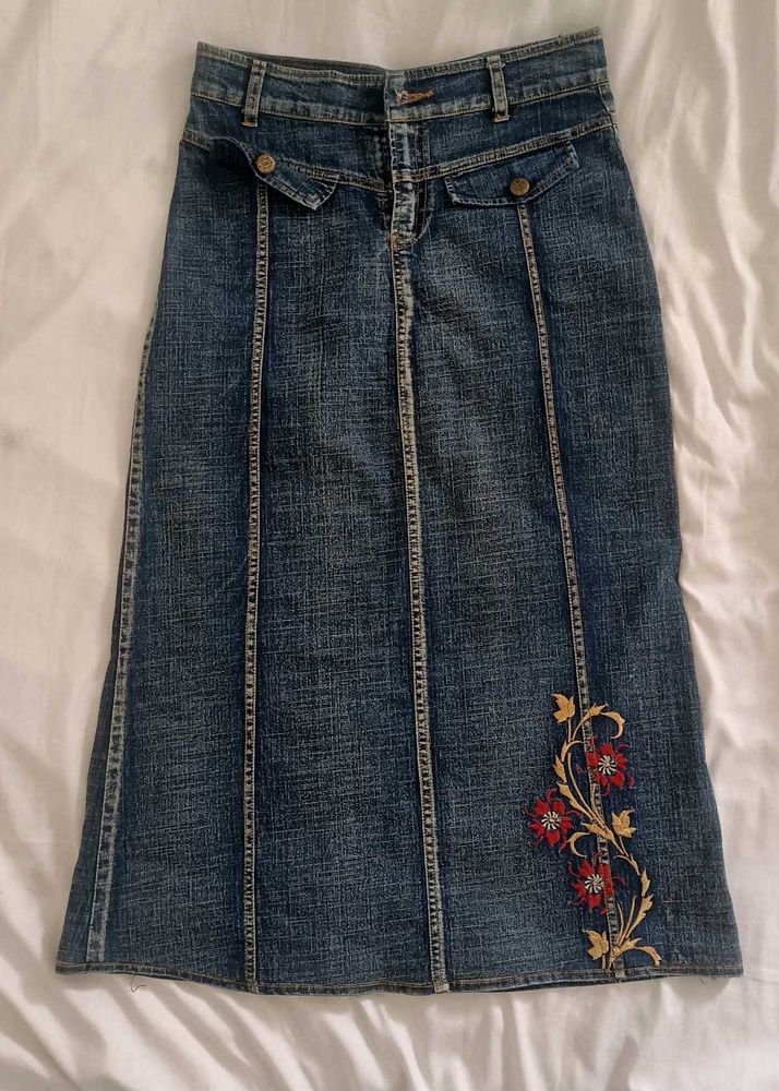 y2k Embroidered Denim Maxi Skirt