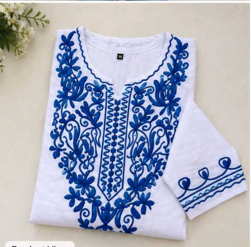White Kurta with Blue Embroidery