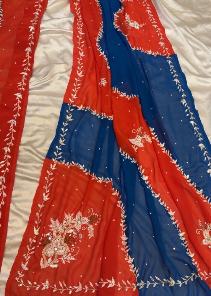 Embroidered Red &amp; Blue Saree