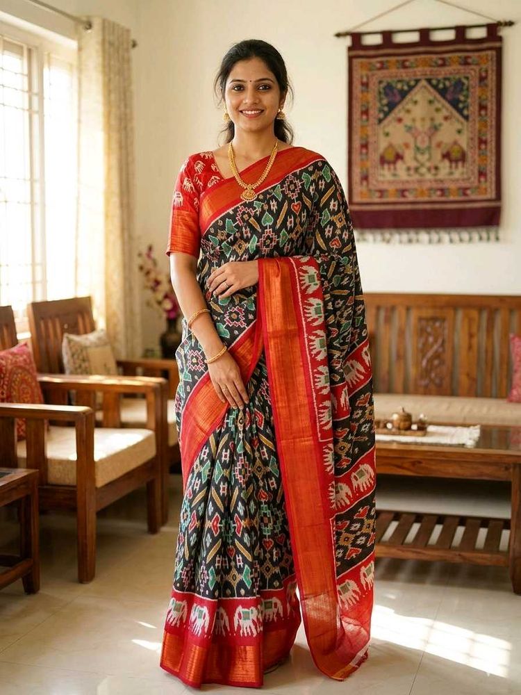 1-TimeUsed ElegantIkkatSilkSaree +StichedBlouse