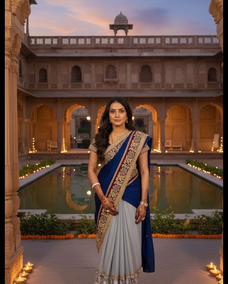 Elegant Blue &amp; Grey Saree&amp;lehenga 2 in one