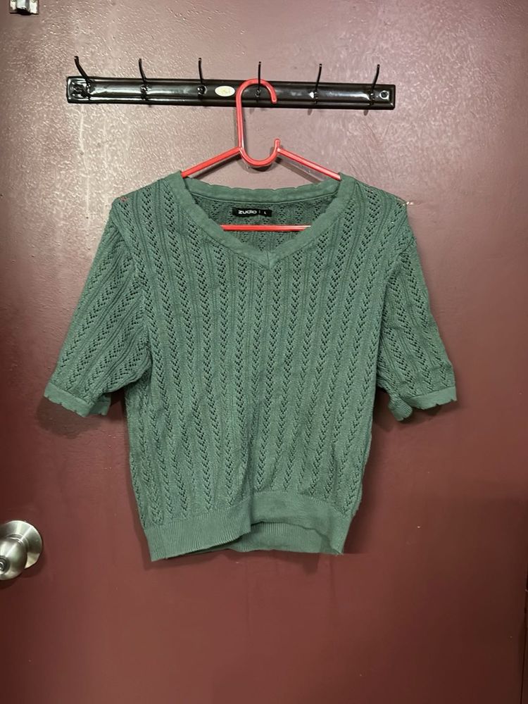 Green Knit V-Neck Top