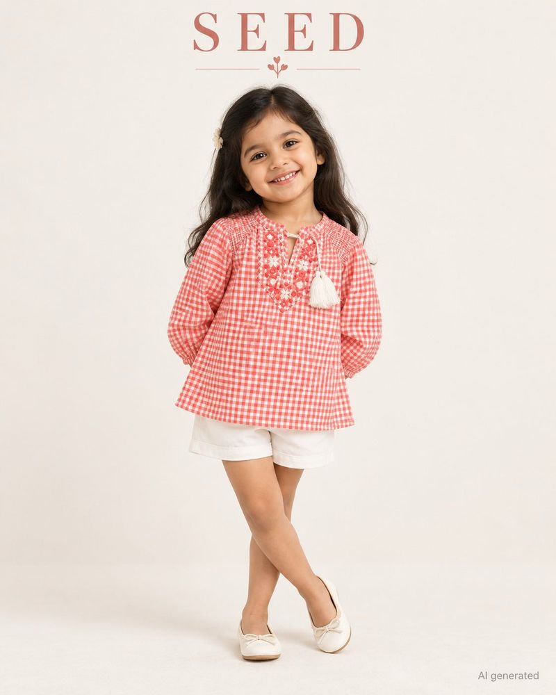 Imported Cute Red Gingham Top with Embroidery