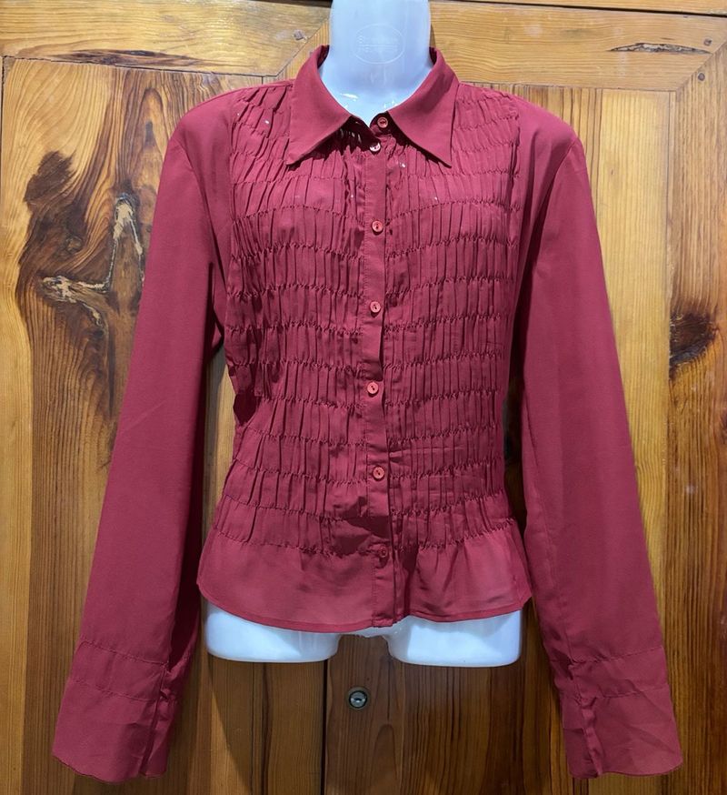 Chic Red Smocked Button-Up Shirt