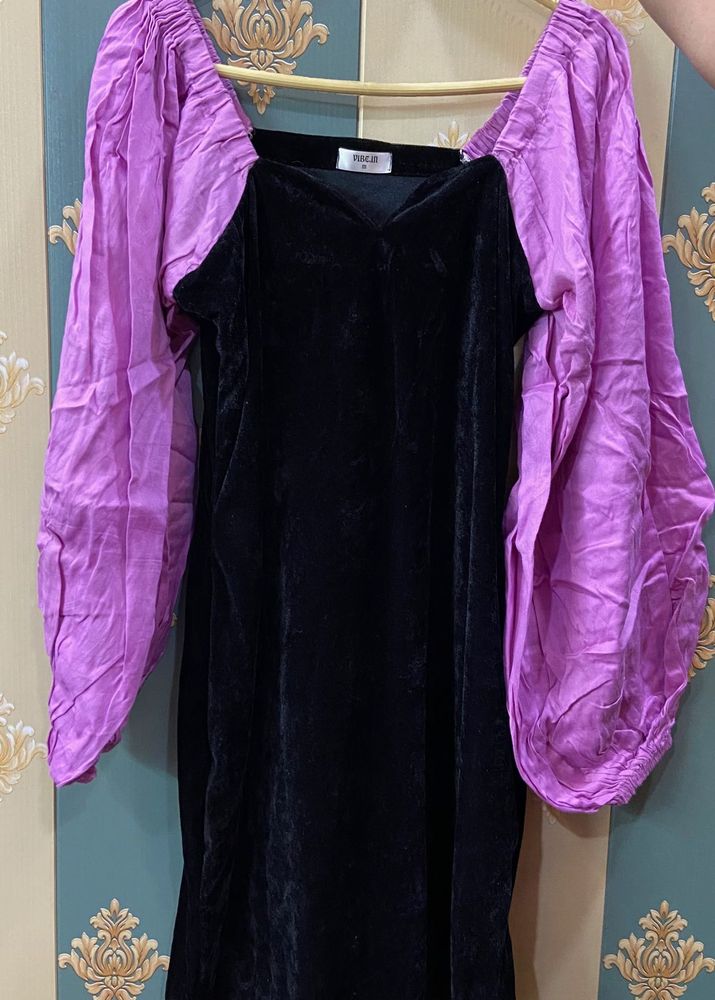 Handmade Velvet Midi with Linen Puffer Full Sleeve