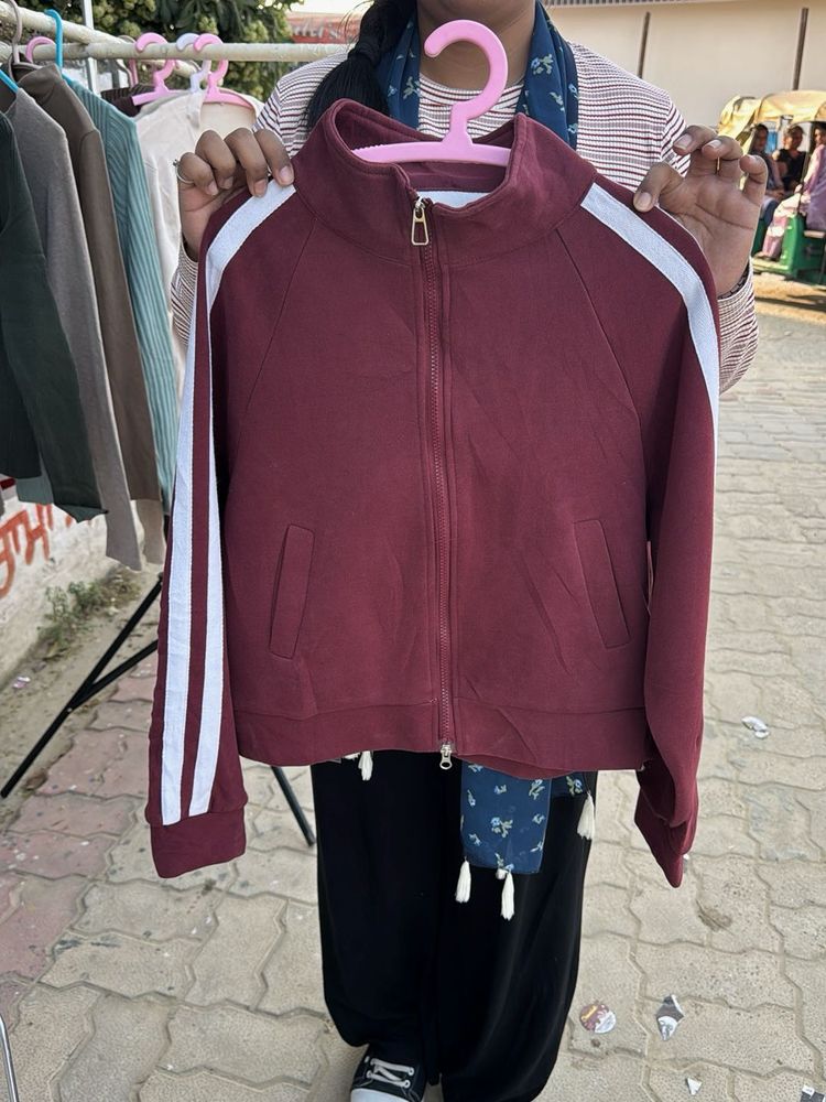 Maroon Track Jacket with White Stripes