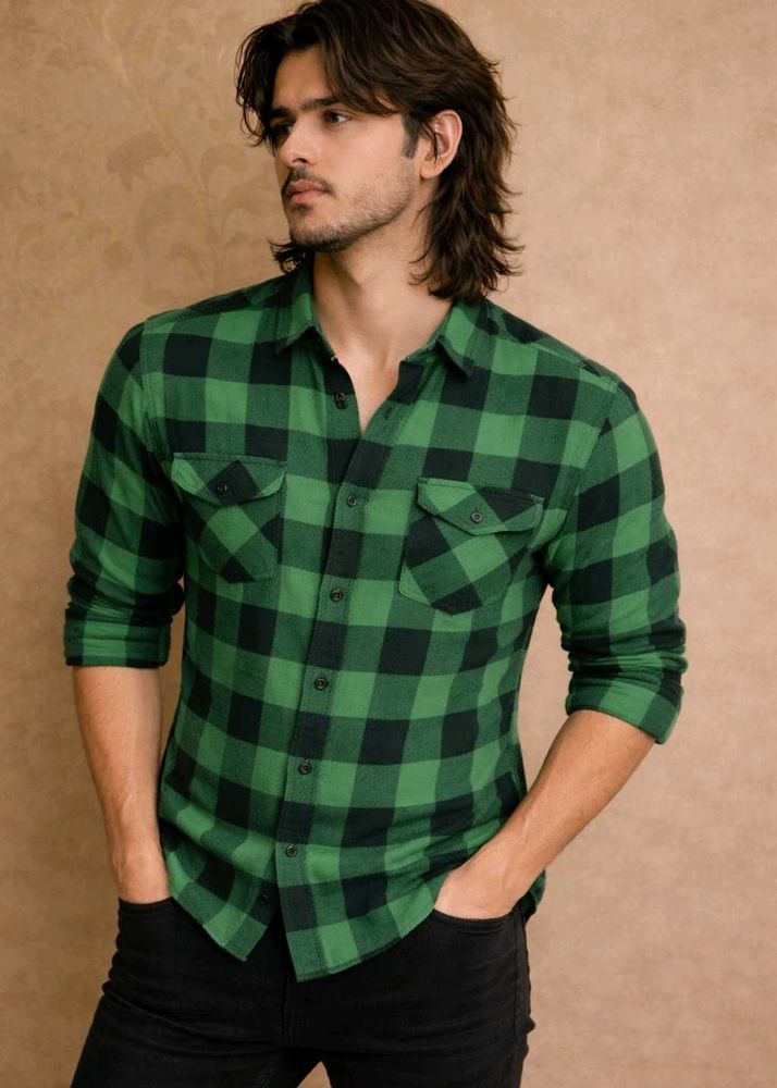 Men’s Light Green &amp; Black Checkered Casual Shirt