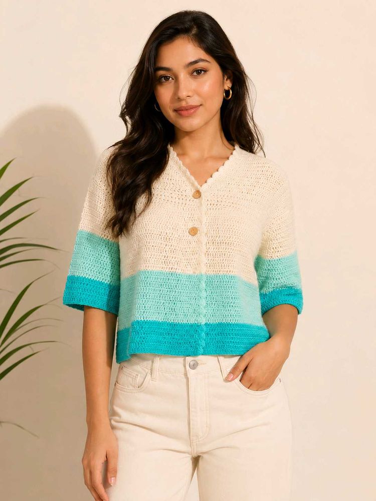 Crocheted Striped Button-Up Cardigan