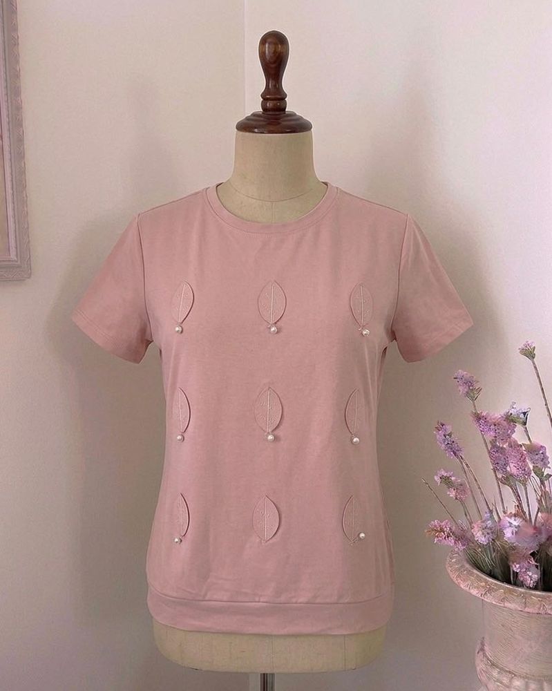 Pink Pearl Leaf Embellished T-Shirt