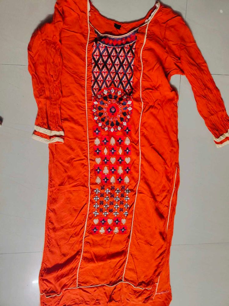 Orange Embroidery And Mirror Work Kurta Women