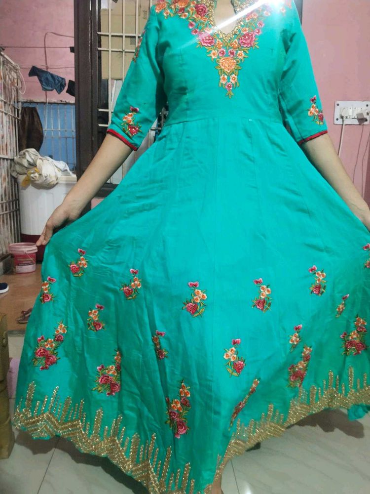 Beautiful Embroidered Teal Anarkali Gown