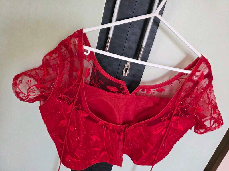 Red Embroidered Net Blouse