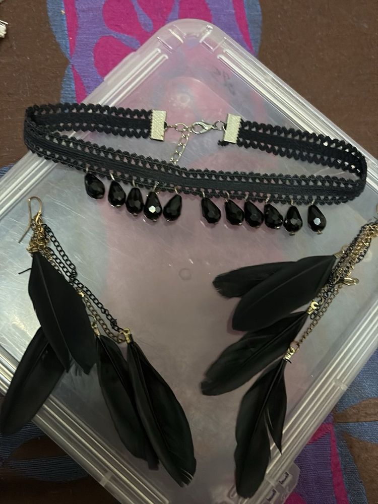 Black Choker and Feather Earrings Set
