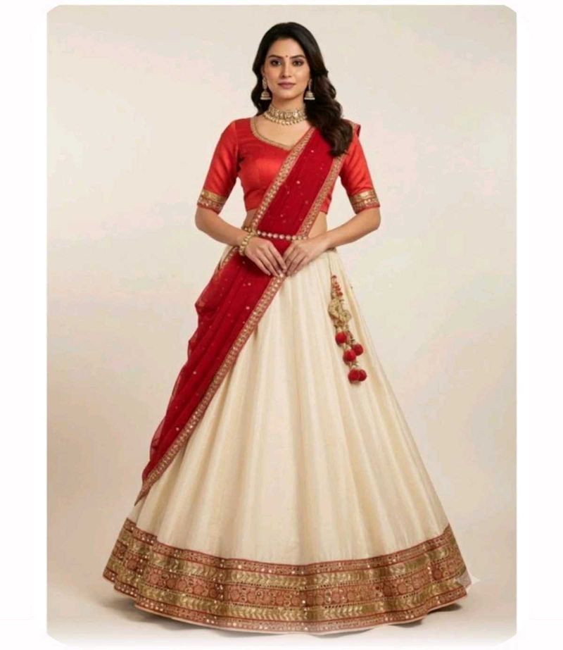 Elegant Embroidered Cream &amp; Red Lehenga Choli