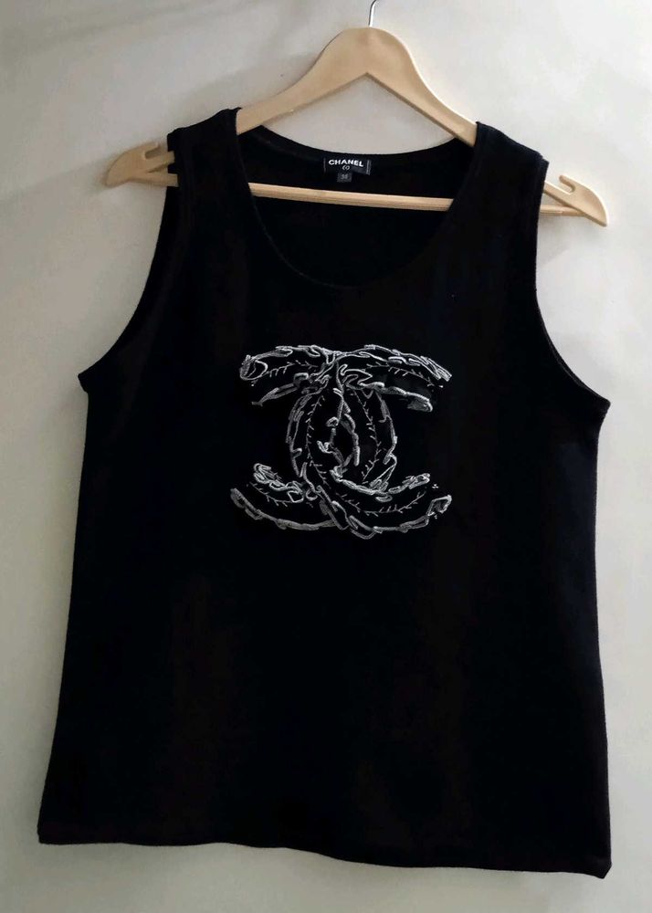 Authentic CHANEL Italy CC Embroidered Tank Top.