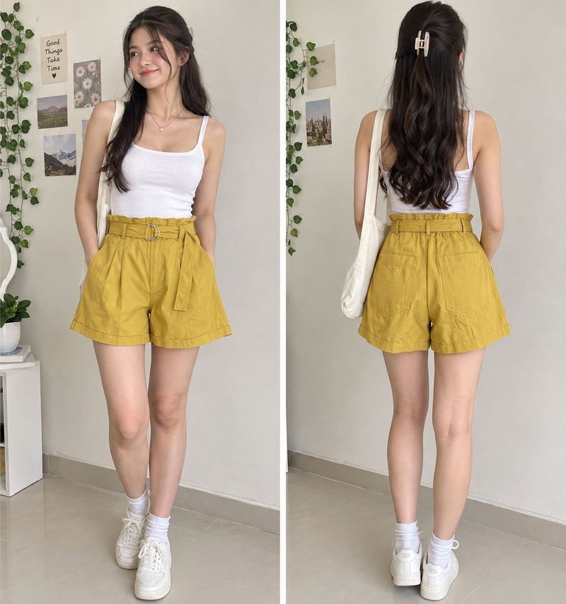 Mustard Yellow High-Waisted Paperbag Shorts