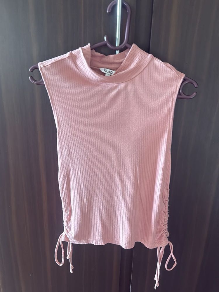 Pink Ribbed Mock Neck Tank Top