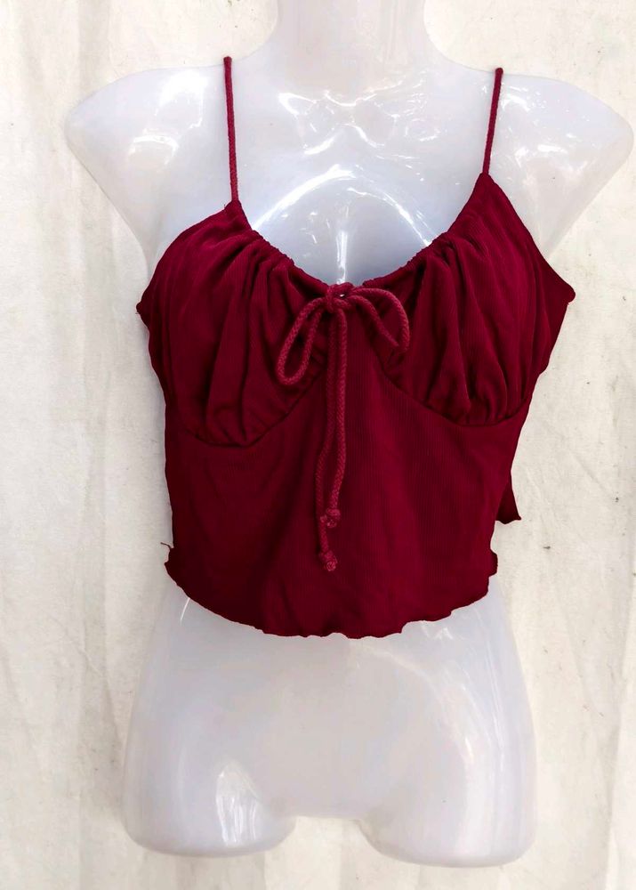 Maroon Ruched Drawstring Crop Top