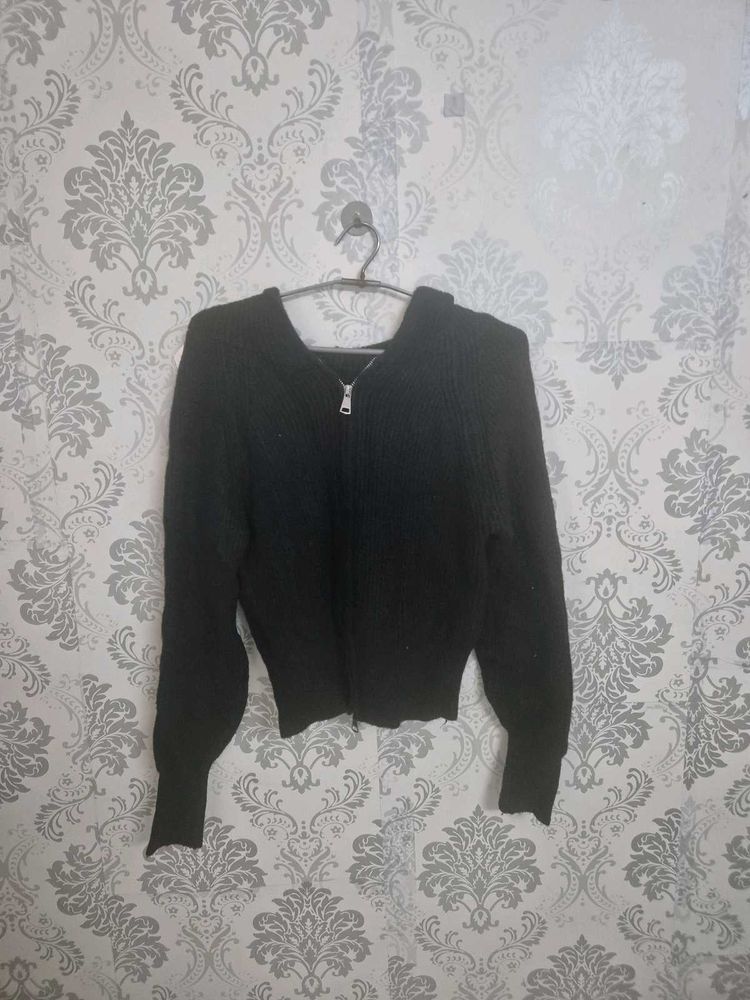Black Zip-Up Knit Sweater