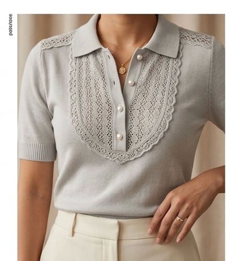 Elegant Lace Trimmed Polo Neck Top